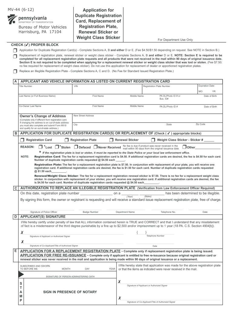 2012 Form PA MV 44 Fill Online Printable Fillable Blank PdfFiller