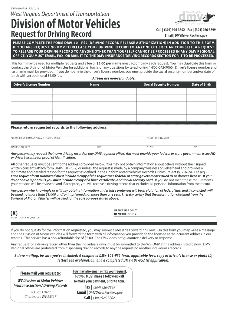 2015 2020 Form WV DMV 101 PS1 Fill Online Printable Fillable Blank