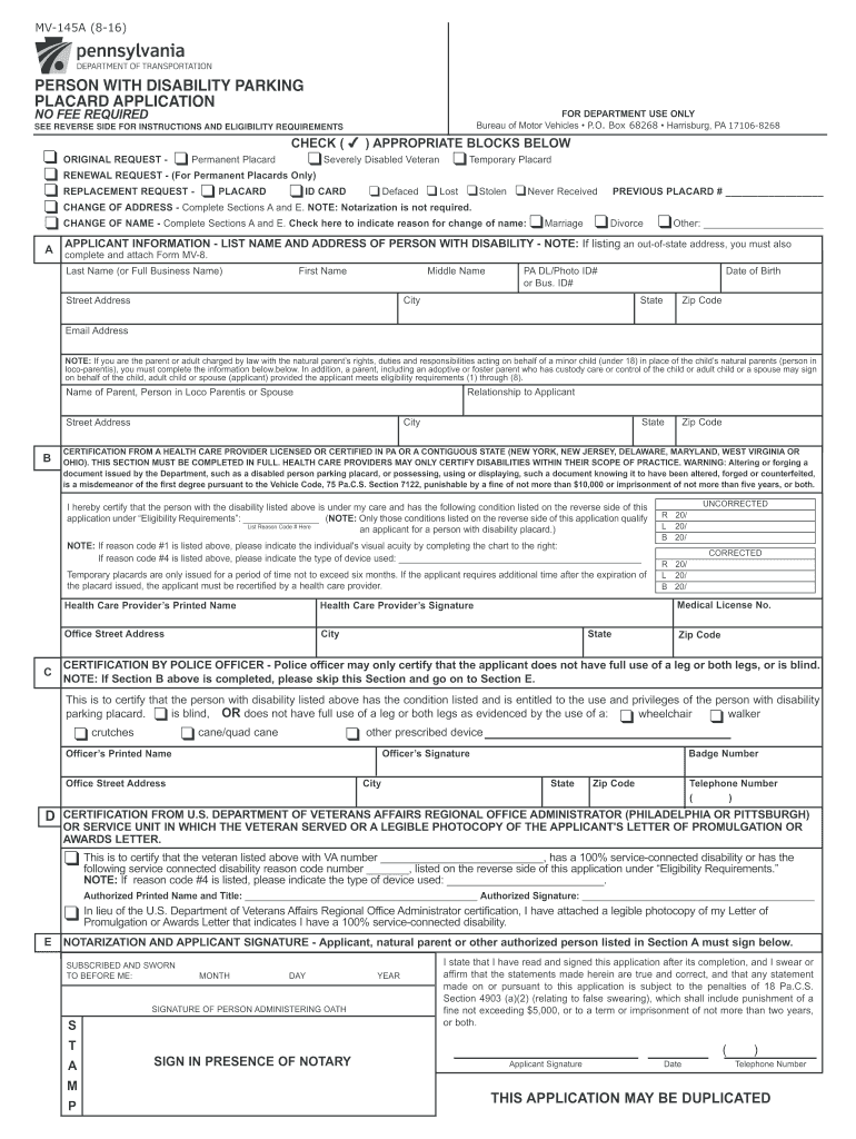 2016 2020 Form PA MV 145A Fill Online Printable Fillable Blank