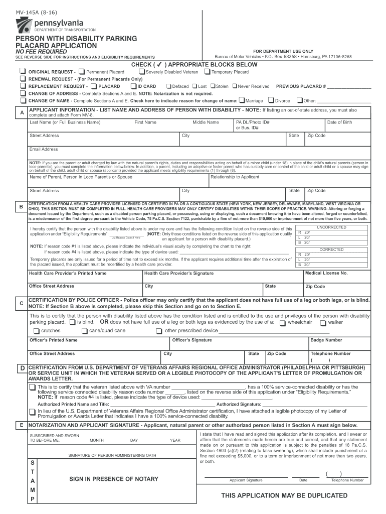 2016 2020 Form PA MV 145A Fill Online Printable Fillable Blank 