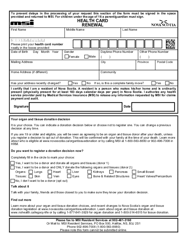 2020 Form Nova Scotia Health Card Renewal Fill Online Printable 