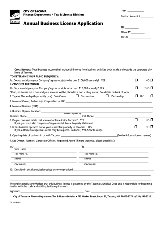 Annual Business License Application Form City Of Tacoma Printable Pdf