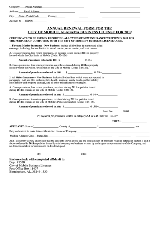 Annual Renewal Form For The City Of Mobile Alabama business License