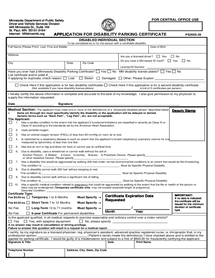 Application For Disability Parking Certificate Minnesota Free Download