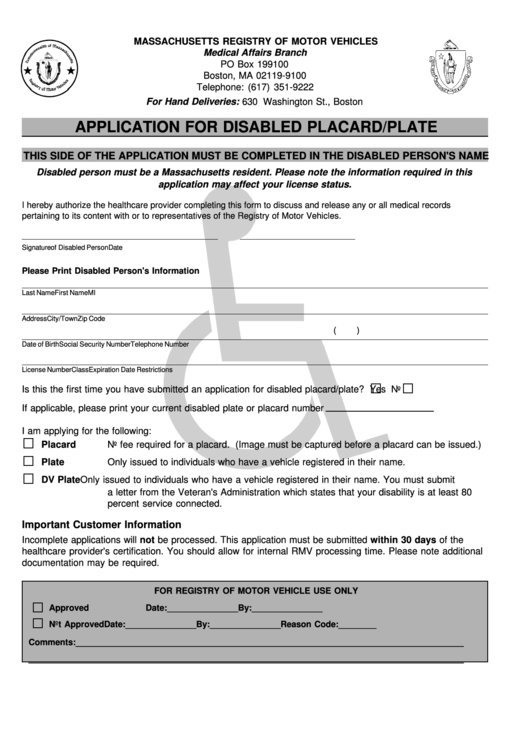 Application For Disabled Placard plate Massachusetts Registry Of 