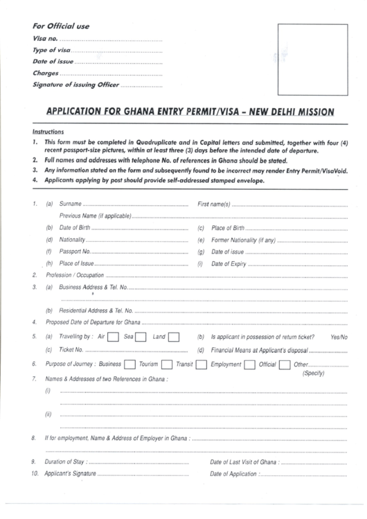 Application For Ghana Entry Permit visa New Delhi Mission Printable 