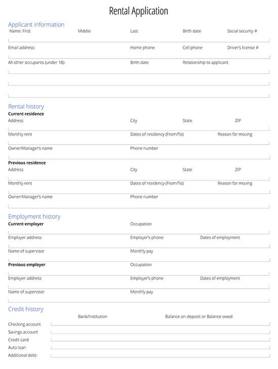 Blank Rental Application Form Templates Word PDF