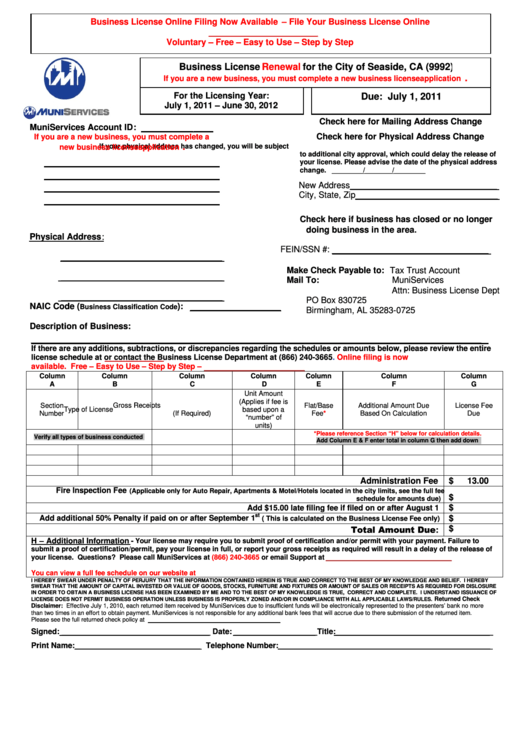 Business License Renewal Form For The City Of Seaside Ca Printable Pdf