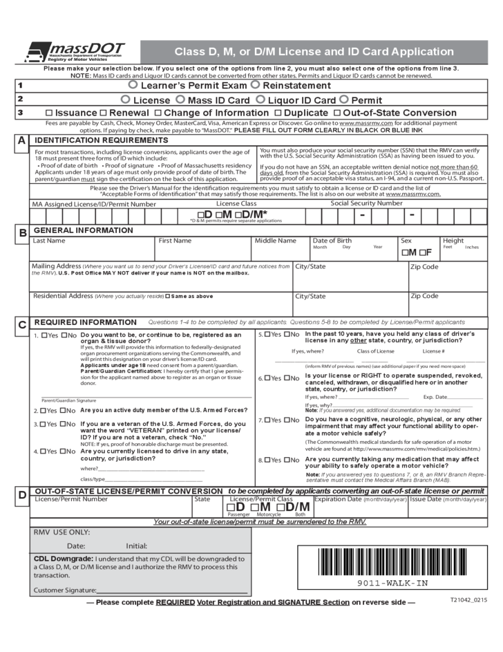 Class D M Or D M License And ID Card Application Massachusetts Free