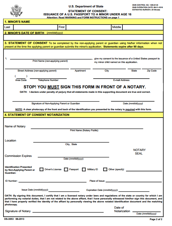 DS 3053 Statement Of Consent For Minor Child Passport Passport Info