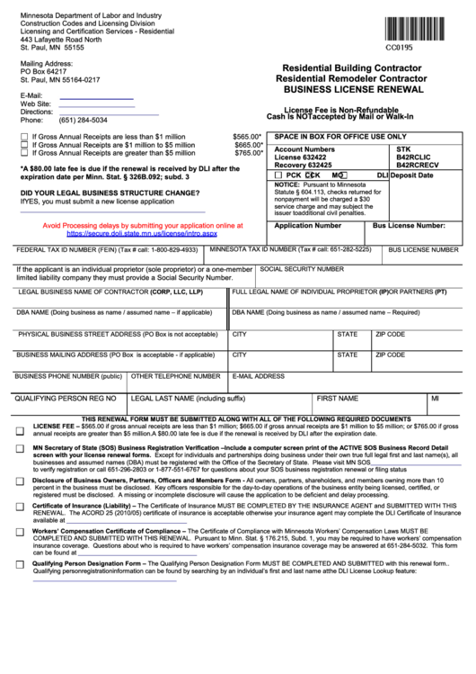 Fillable Form Cc0195 Residential Building Contractor Residential