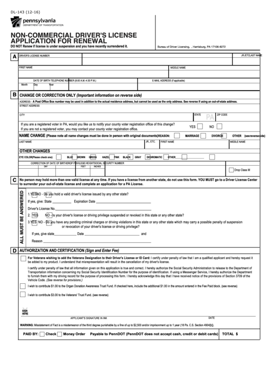 Fillable Form Dl 143 Non Commercial Driver S License Application For 