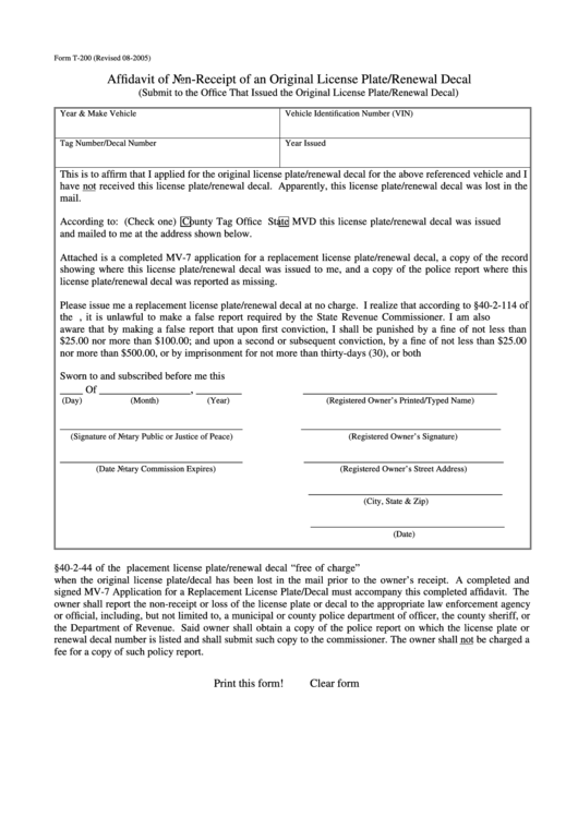 Fillable Form T 200 Affidavit Of Non Receipt Of An Original License