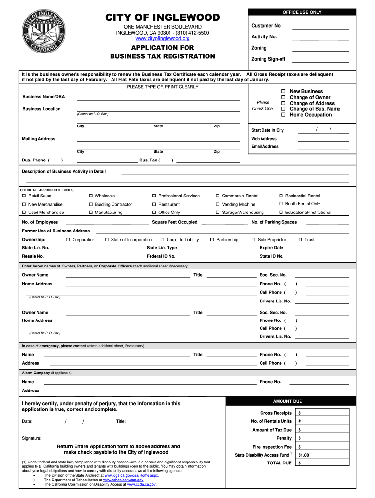 Fillable Online Cityofinglewood Pay Business Tax Certificate Form Fax 