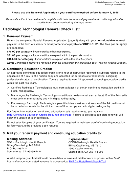 Form CDPH8200 SRA Download Fillable PDF Or Fill Online Special Renewal