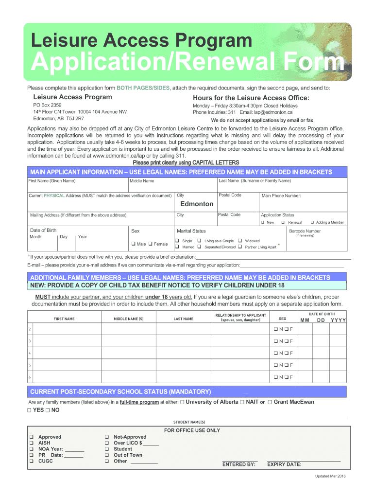 Leisure Access Program Application And Renewal Form 2020 2021 Fill