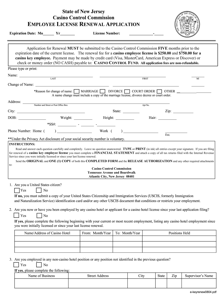 NJ Employee License Renewal Application 2004 Fill And Sign Printable