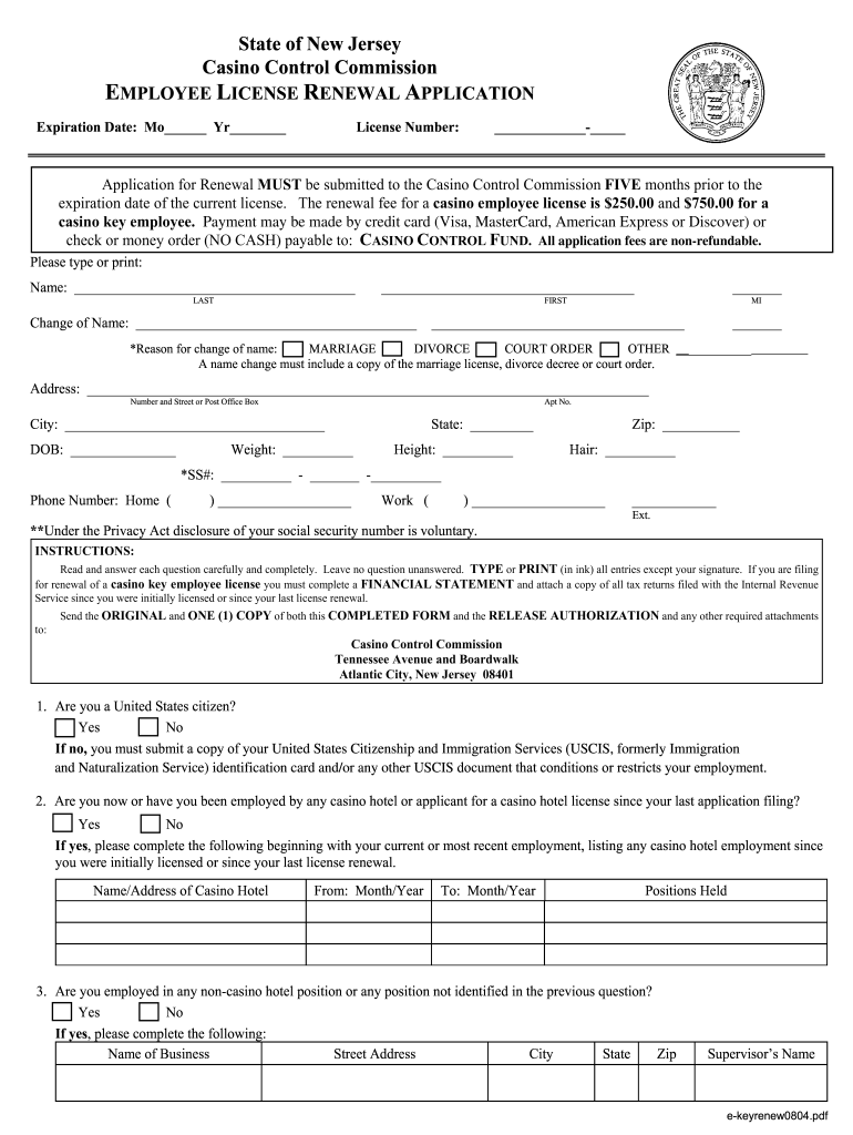 NJ Employee License Renewal Application 2004 Fill And Sign Printable 