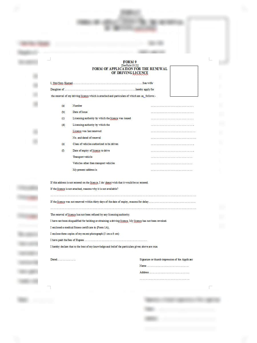 PDF Form 9 Renewal Of Driving License Delhi PDF Download In English