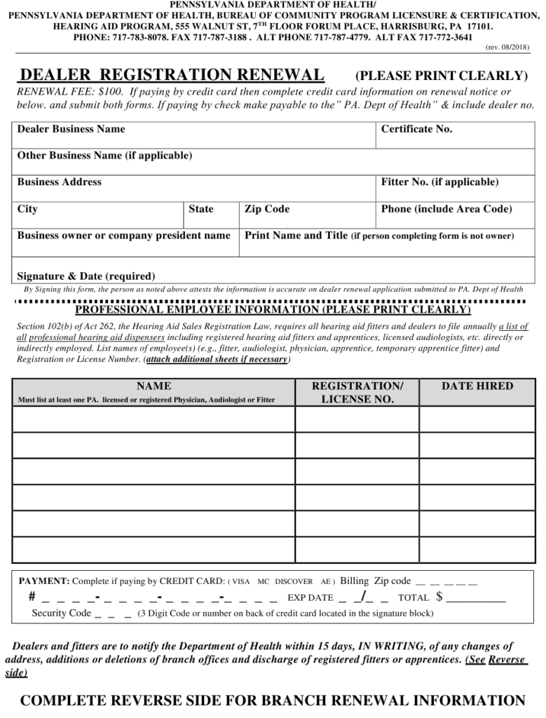 Pennsylvania Dealer Registration Renewal Download Printable PDF 