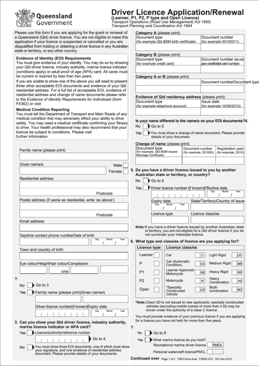 Queensland Government Driver License Application renewal Printable