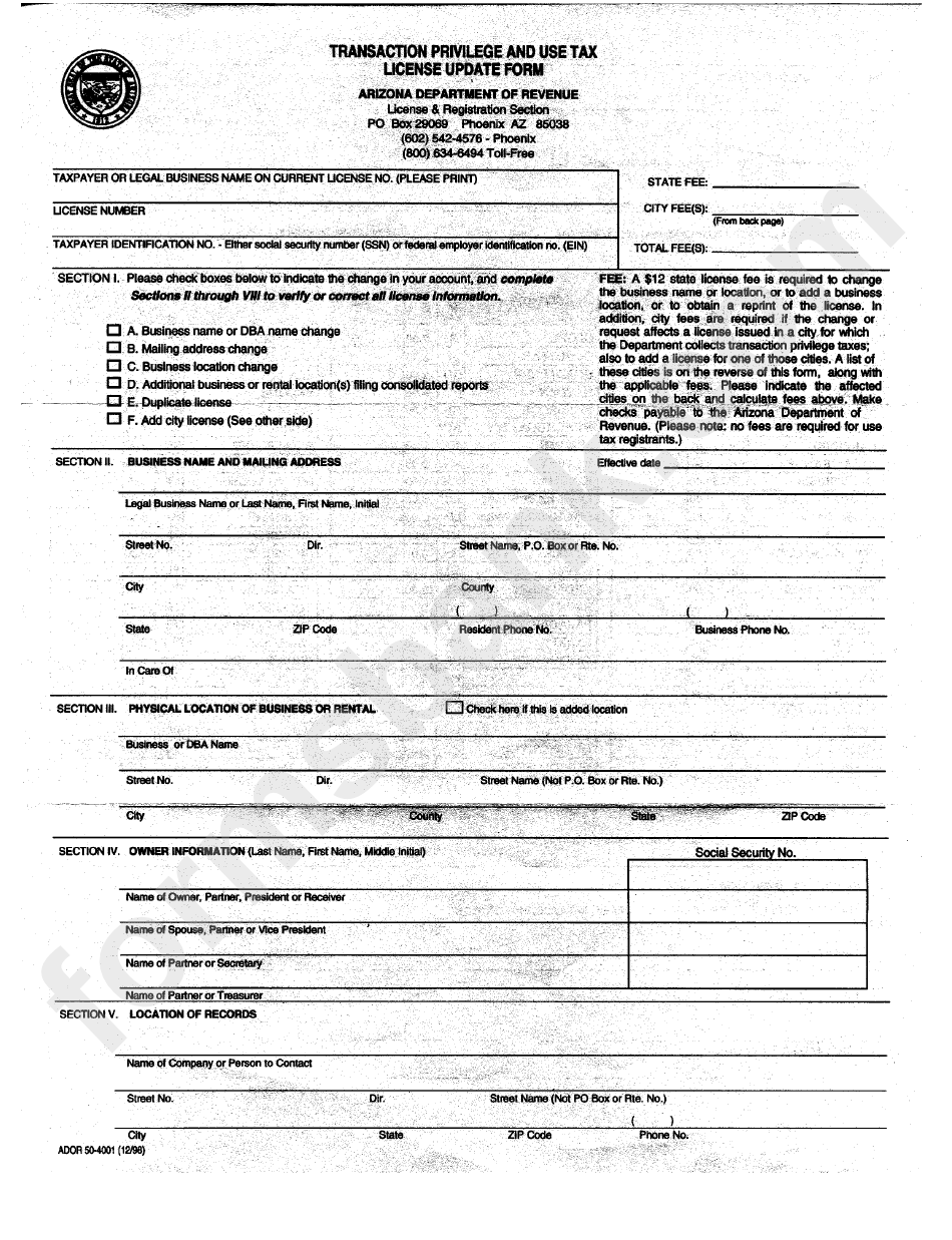 Transaction Privilege And Use Tax License Update Form Printable Pdf