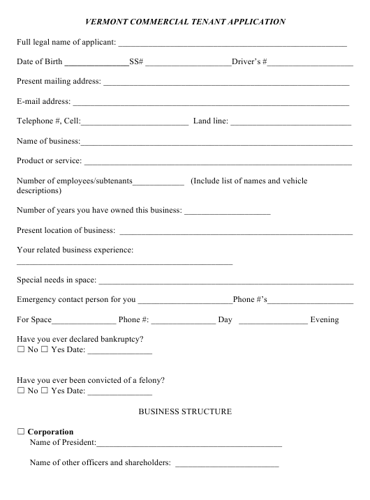 Vermont Commercial Tenant Application Form Download Fillable PDF 